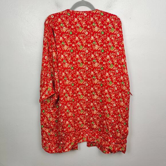 Vintage Athene Silk Robe Womens Small Red Micro Floral Boho Open Fit Festival‎ - Picture 5 of 8